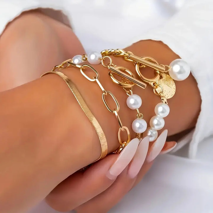 Conjunto elegante de pulseras - serpiente, perlas y eslabones | Oro