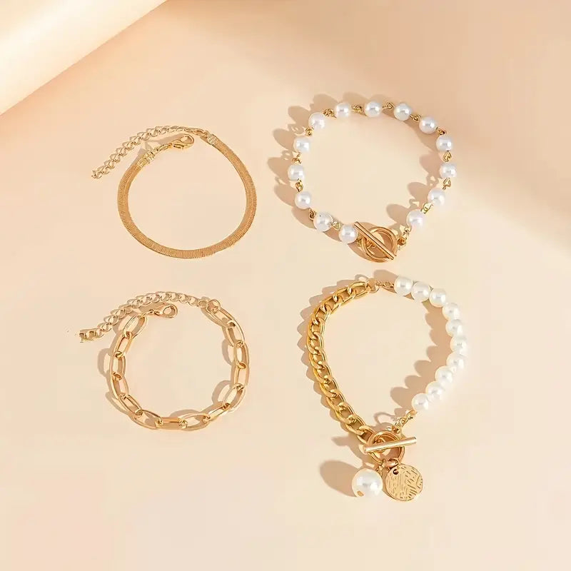 Conjunto elegante de pulseras - serpiente, perlas y eslabones | Oro