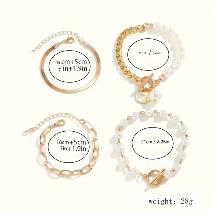 Conjunto elegante de pulseras - serpiente, perlas y eslabones | Oro